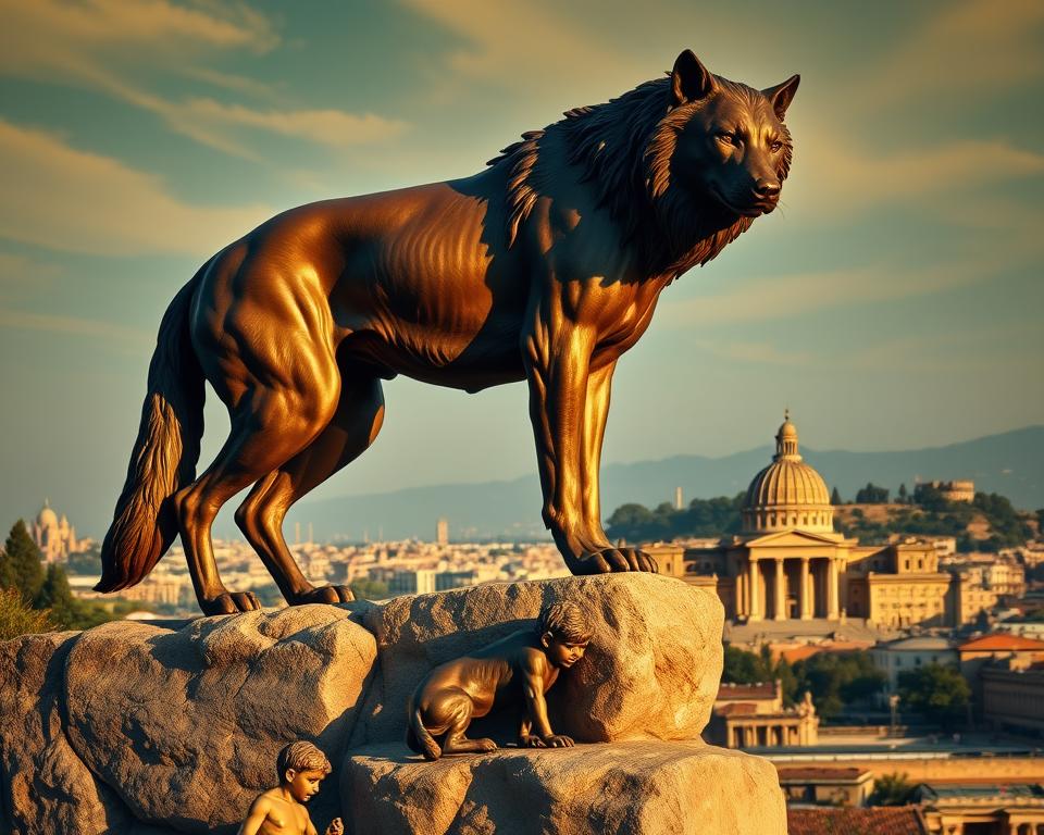 A large, bronze statue of a powerful she-wolf standing on a rocky pedestal, her gaze fierce and protective. The Capitoline Wolf, a renowned symbol of Rome's mythological foundation, glows under warm, natural lighting that casts dramatic shadows across her muscular form. In the foreground, two small, playful children - Romulus and Remus - are depicted nursing from the wolf's teats, a testament to the legend of Rome's origins. In the middle ground, the iconic skyline of ancient Rome rises, with towering temples and bustling streets. The background is hazy, with a deep blue sky and wispy clouds, creating a sense of timelessness. The scene conveys the grandeur, strength, and rich history embodied by the Capitoline Wolf, a quintessential representation of Język włoski dla Polaków.