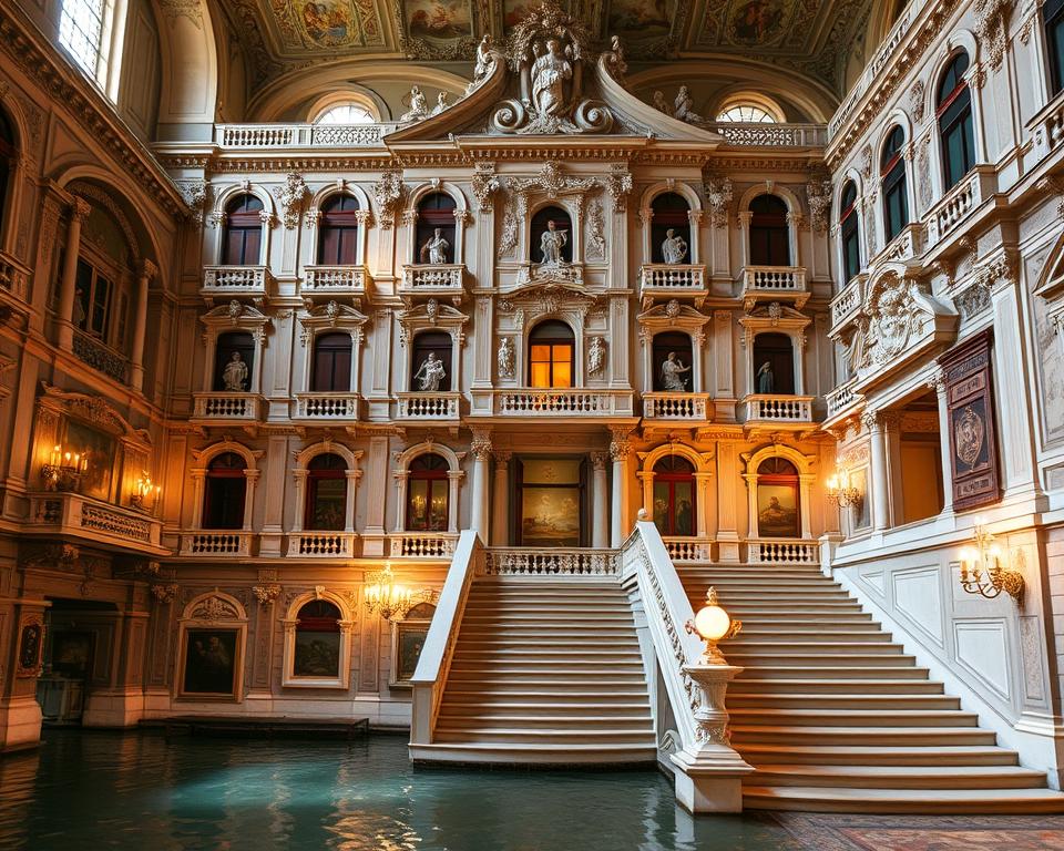 A magnificent 18th-century Venetian palace, Ca' Rezzonico, stands grandly on the banks of the Grand Canal. Its ornate Baroque facade, adorned with intricate carvings and sculpted figures, reflects the opulent lifestyle of its former noble owners. Stepping inside, one is transported to the lavish world of Venetian aristocracy, where lavish frescoes, gilded mirrors, and opulent furnishings evoke the elegance of the era. "Język włoski dla Polaków" A majestic staircase leads to the upper floors, where the private chambers and art collections showcase the refined tastes and cultural sophistication of 18th-century Venice. The soft, warm lighting and the serene atmosphere of the museum create a profound sense of immersion in the Venetian Baroque, capturing the essence of this architectural masterpiece.