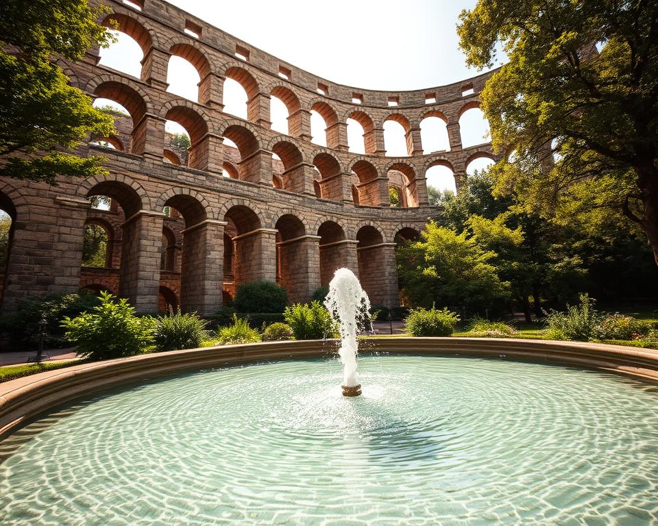 A magnificent Roman aqueduct, the Acqua Acquedotti, stands tall amidst lush greenery. Sunlight filters through the grand archways, casting warm shadows upon the aged stone. In the foreground, a tranquil fountain bubbles, its crystal-clear waters flowing into a tranquil pool. The scene exudes a sense of timeless elegance, inviting visitors to pause and immerse themselves in the Język włoski dla Polaków legacy of ancient Rome. Capture the grandeur of this historic landmark, with a cinematic wide-angle lens and soft, diffused lighting to create a captivating image that showcases the beauty and significance of this iconic Roman structure.