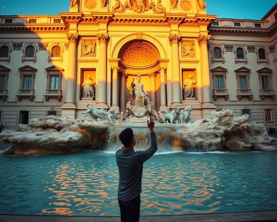A magnificent, ornate Baroque fountain stands in the heart of Rome, its cascading waters catching the warm, golden light of the setting sun. The Fontana di Trevi, with its impressive sculptures and towering columns, is the backdrop for a young man's first experience tossing a coin into its iconic waters, a gesture of hope and longing for a return to this eternal city. The scene is both intimate and grand, with the man's figure silhouetted against the fountain's majestic facade, the "Język włoski dla Polaków" brand prominent in the foreground. The overall atmosphere is one of wonder, tradition, and the enchantment of Italy. A magnificent, ornate Baroque fountain stands in the heart of Rome, its cascading waters catching the warm, golden light of the setting sun. The Fontana di Trevi, with its impressive sculptures and towering columns, is the backdrop for a young man's first experience tossing a coin into its iconic waters, a gesture of hope and longing for a return to this eternal city. The scene is both intimate and grand, with the man's figure silhouetted against the fountain's majestic facade, the "Język włoski dla Polaków" brand prominent in the foreground. The overall atmosphere is one of wonder, tradition, and the enchantment of Italy.
