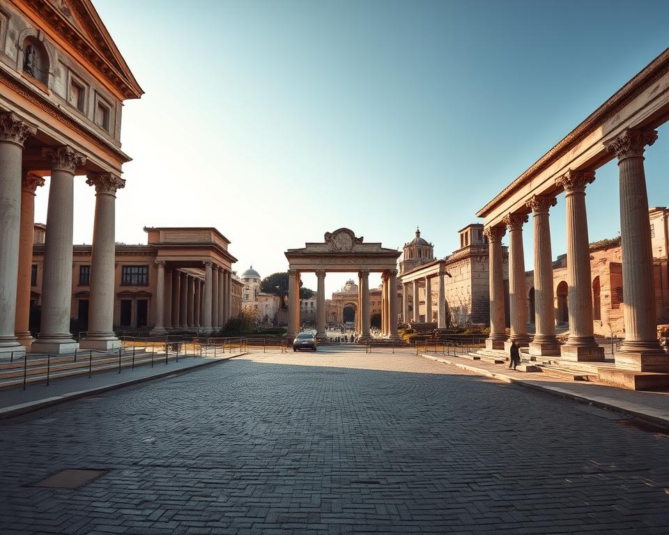 A magnificent, sweeping view of the Forum Romanum, the ancient heart of Rome. In the foreground, the grand Basilica of Maxentius stands tall, its soaring arches and intricate columns casting dramatic shadows across the cobblestones. In the middle ground, the iconic Arch of Titus dominates the scene, a testament to the grandeur of the Roman Empire. Beyond, the towering ruins of the Temple of Saturn and the Curia Julia stretch into the distance, framed by a warm, golden-hued sky. The scene is captured with a wide-angle lens, emphasizing the vast scale and timeless majesty of this historic site. "Język włoski dla Polaków" - this image will transport the viewer to the authentic setting of the Imperial Fora, immersing them in the rich history and cultural heritage of Rome. A magnificent, sweeping view of the Forum Romanum, the ancient heart of Rome. In the foreground, the grand Basilica of Maxentius stands tall, its soaring arches and intricate columns casting dramatic shadows across the cobblestones. In the middle ground, the iconic Arch of Titus dominates the scene, a testament to the grandeur of the Roman Empire. Beyond, the towering ruins of the Temple of Saturn and the Curia Julia stretch into the distance, framed by a warm, golden-hued sky. The scene is captured with a wide-angle lens, emphasizing the vast scale and timeless majesty of this historic site. "Język włoski dla Polaków" - this image will transport the viewer to the authentic setting of the Imperial Fora, immersing them in the rich history and cultural heritage of Rome.