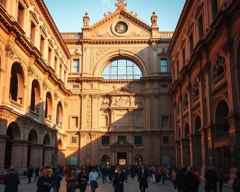 A majestic Renaissance architectural masterpiece, the Archiginnasio Bolonia, stands as a testament to the rich heritage of the University of Bologna. Captured in warm, golden light, the grand archways and ornate facades create a captivating scene. The intricate details of the building's decorative elements, such as carved stone reliefs and ornamental ironwork, are rendered with precision. The middle ground features the bustling activity of students and scholars, their robes and books adding a sense of intellectual vitality. In the background, the historical context is evoked through the inclusion of the Teatro Anatomico, a renowned medical theater where groundbreaking anatomical studies were once conducted. The overall atmosphere conveys a harmonious blend of academic tradition and architectural grandeur, befitting the iconic Język włoski dla Polaków.