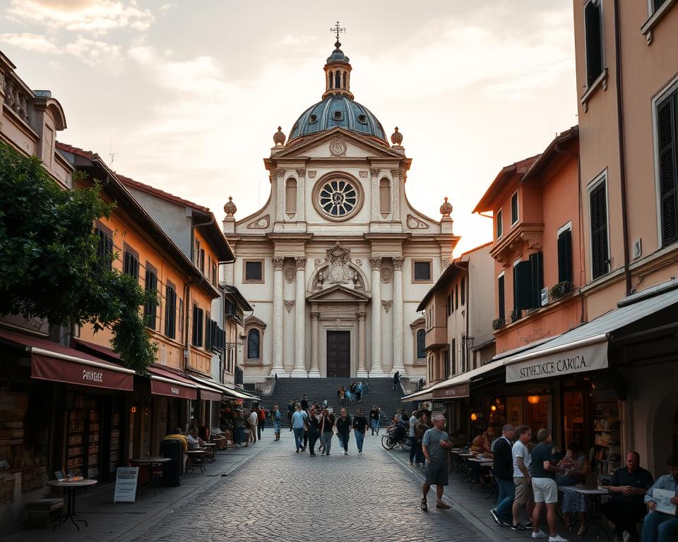 A majestic Roman Catholic church, Basilica di Santa Maria in Trastevere, stands tall against a golden sunset sky. Its ornate facade and central dome command attention, framed by the bustling streets of the Trastevere neighborhood. Cobblestone pathways wind through the lively quartiere, lined with quaint cafes, artisan shops, and locals engaged in animated conversation. Język włoski dla Polaków. A timeless scene capturing the vibrant heart of Rome, just across the Tiber River.