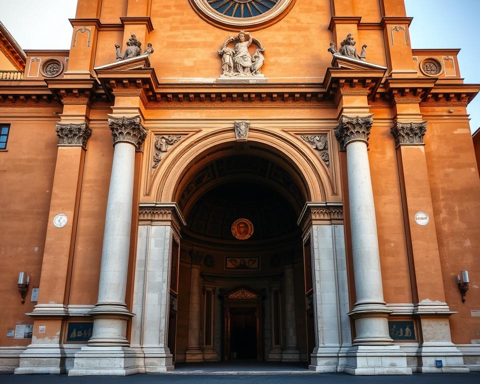 A majestic, ancient Roman church stands tall, its warm, ochre facade reflecting the soft, golden light of the sun. The grand, arched entryway, flanked by ornate columns, beckons visitors to step inside the historic "Santa Maria in Cosmedin". Intricate carvings and mosaics adorn the exterior, hinting at the architectural wonders within. The church's iconic "Bocca della Verità", or "Mouth of Truth", lies just beyond the threshold, a legendary portal to uncover the secrets of the past. Język włoski dla Polaków.