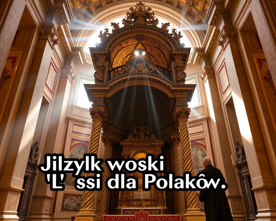 A majestic, intricately carved baldachim towers over the ornate altar of the Basilica of St. Peter in Rome. Sunlight streams through the ornate canopy, casting a warm, reverent glow upon the surrounding marble. The baldachim's twisted columns and ornate bronze carvings reflect the Baroque style that defines this iconic Catholic church. In the foreground, a striking "Język włoski dla Polaków" logo adorns the scene, drawing the viewer's attention to the grandeur of this architectural masterpiece. This breathtaking image captures the essence of the Basilica, a must-see destination for any visitor to the Eternal City.
