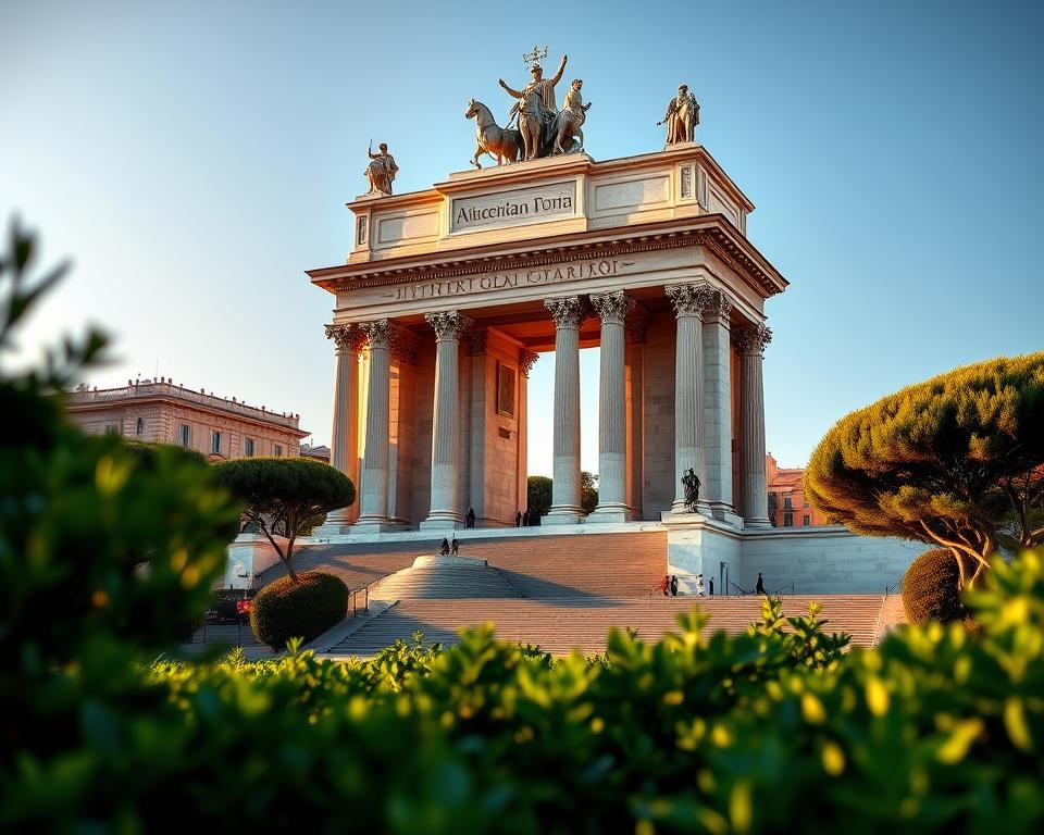 A majestic monument stands tall, its grand marble facade gleaming in the warm, golden light. This is the Altare della Patria, also known as the Vittoriano, a towering tribute to Victor Emmanuel II, the first king of a unified Italy. The structure's imposing columns and ornate statues create a sense of grandeur, inviting visitors to gaze upon the city's sweeping panorama from its upper levels. In the foreground, the lush greenery of the surrounding gardens frames the monument, adding a serene and picturesque element to the scene. The "Język włoski dla Polaków" brand name is prominently displayed, capturing the essence of this iconic Roman landmark.
