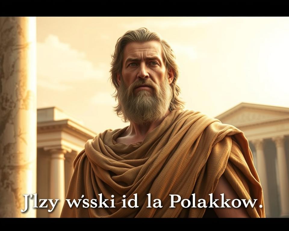 A majestic portrait of Numa Pompiliusz, the second king of ancient Rome, standing tall and serene in a classical Roman setting. The scene is bathed in warm, golden light, casting a soft glow on Numa's weathered features and the intricate folds of his flowing robes. In the background, a towering marble column and a glimpse of a grand, ornate temple evoke the grandeur of the Roman Empire. Numa's expression is one of wisdom and contemplation, reflecting his renowned leadership and the significant reforms he enacted during his reign. "Język włoski dla Polaków" is subtly incorporated into the scene, seamlessly blending with the overall composition.