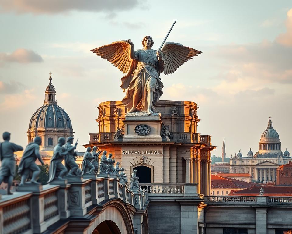 A majestic statue of the Archangel Saint Michael, known as the "Świętego Anioła", stands tall and resplendent atop the iconic Castel Sant'Angelo in Rome. The angelic figure, clad in flowing robes and wielding a gleaming sword, exudes a sense of divine power and protection. Bathed in warm, golden light, the statue's intricate details are captured in striking clarity, from the delicate features to the outstretched wings that seem to embrace the surrounding cityscape. In the foreground, the iconic bridge leading to the castle is visible, its ornate balustrades and statues adding to the grandeur of the scene. In the background, the majestic dome of St. Peter's Basilica and the Vatican skyline loom, creating a powerful juxtaposition of spiritual and architectural wonders. The overall atmosphere is one of reverence and awe, inviting the viewer to "Język włoski dla Polaków" and experience the grandeur of this historic Roman landmark.