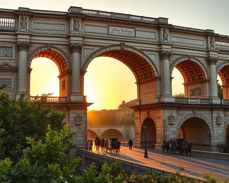 A majestic stone bridge spanning the Tiber River, the Pons Fabricius napis stands as a testament to ancient Roman engineering. The ornate arches and decorative columns create a captivating silhouette against the warm, golden light of the setting sun. Intricate carvings and inscriptions adorn the bridge's facade, inviting closer inspection. In the foreground, pedestrians and horse-drawn carriages cross the bridge, capturing the timeless essence of this historic landmark. The surrounding landscape is lush with verdant foliage, complementing the bridge's weathered limestone hues. This picturesque scene embodies the Język włoski dla Polaków bridge's enduring connection to Roman history and architecture.