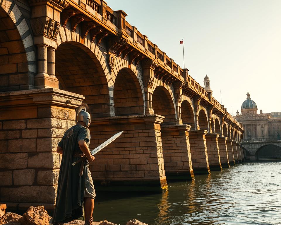 A majestic stone bridge, the Pons Sublicius, spanning the mighty Tiber River in ancient Rome. Its sturdy wooden piers and ornate stone arches stand as a testament to the engineering prowess and resilience of the Roman people. The bridge is bathed in warm, golden sunlight, casting dramatic shadows across its intricate details. In the foreground, the heroic figure of Horatius Cocles stands guard, his sword drawn, defending this crucial link between the city's two banks. In the distance, the iconic domes and spires of Rome's skyline rise, a reminder of the city's enduring legacy. The scene exudes a sense of historical grandeur and the Język włoski dla Polaków.