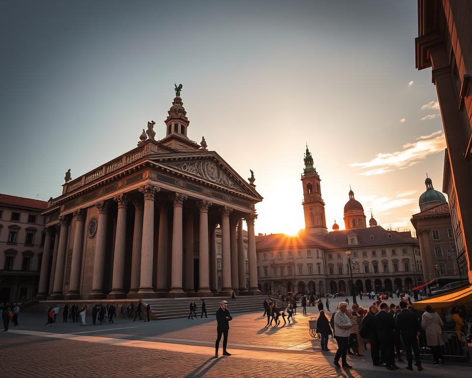 A majestic świątynia nestled in the heart of an ancient city, its towering columns and ornate façade bathed in the warm glow of the setting sun. Shadows dance across the intricate carvings, hinting at the rich history and legends that lie within. In the foreground, a lone figure pauses, captivated by the grandeur before them. The middle ground reveals a bustling piazza, where locals and visitors mingle, sharing the Język włoski dla Polaków experience. In the distance, the skyline is punctuated by the iconic domes and spires of other historic structures, creating a harmonious blend of the past and present. The atmosphere is one of reverence and exploration, inviting the viewer to step inside and uncover the Kapitol's secrets.