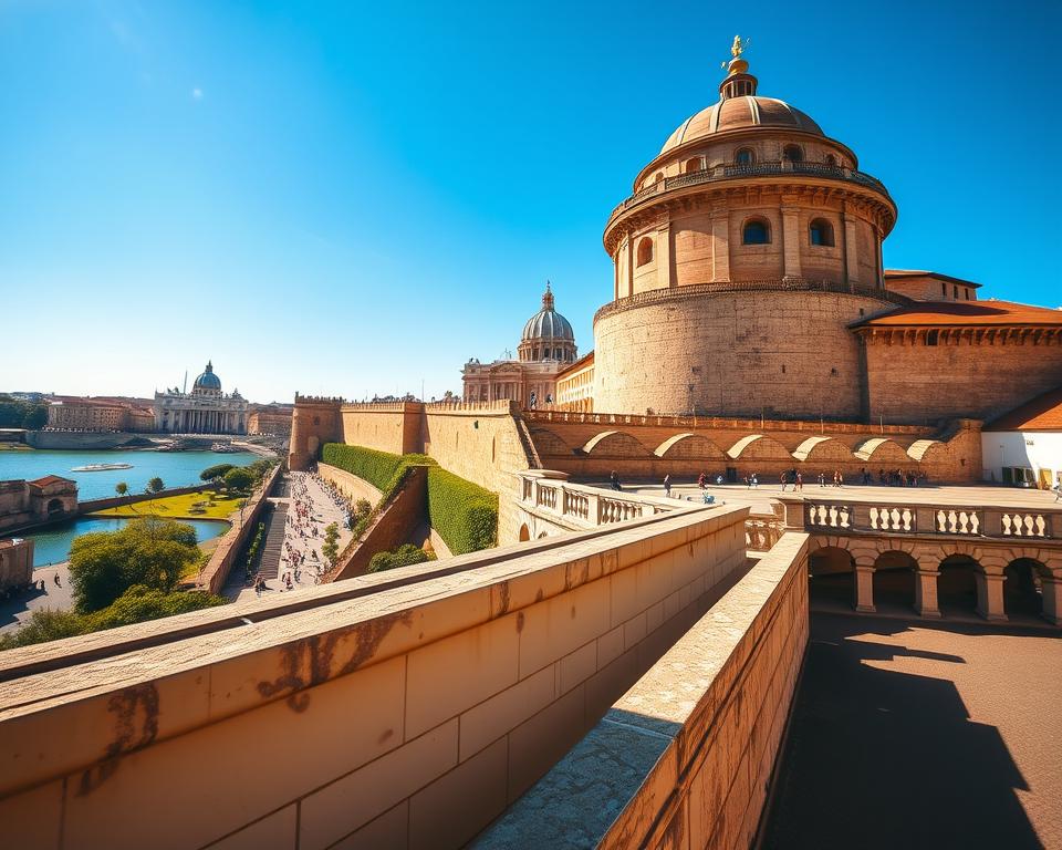 A majestic view of Castel Sant'Angelo, a stunning Renaissance fortress overlooking the Tiber River and the Vatican in Rome. The museum's terrace offers a breathtaking panorama, with the castle's warm-toned stone walls and distinctive cylindrical tower framing the scene. Vibrant sunlight bathes the surroundings, casting dramatic shadows and highlighting the architectural details. In the foreground, the serene Tiber flows peacefully, while the iconic silhouette of St. Peter's Basilica rises majestically in the distance. This picturesque setting, captured through a wide-angle lens, radiates a sense of timeless elegance and grandeur. "Język włoski dla Polaków"
