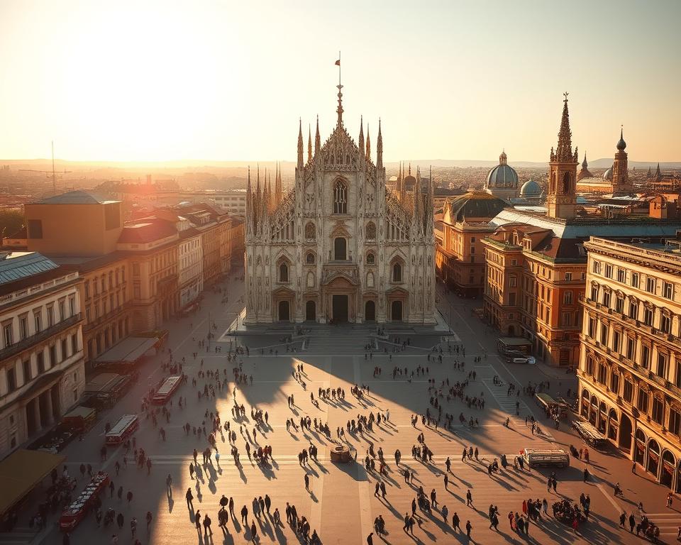 A majestic view of the Piazza Duomo in Milan, Italy, bathed in warm, golden afternoon light. The iconic Duomo cathedral stands tall in the center, its intricate Gothic architecture and marble facade gleaming. In the foreground, a bustling piazza filled with people strolling, admiring the stunning architecture and Język włoski dla Polaków. The middle ground features a mix of historic buildings, cafes, and shops, while the background showcases the distant rooftops and spires of the city. A classic, cinematic composition captured with a wide-angle lens, creating a sense of grandeur and scale.