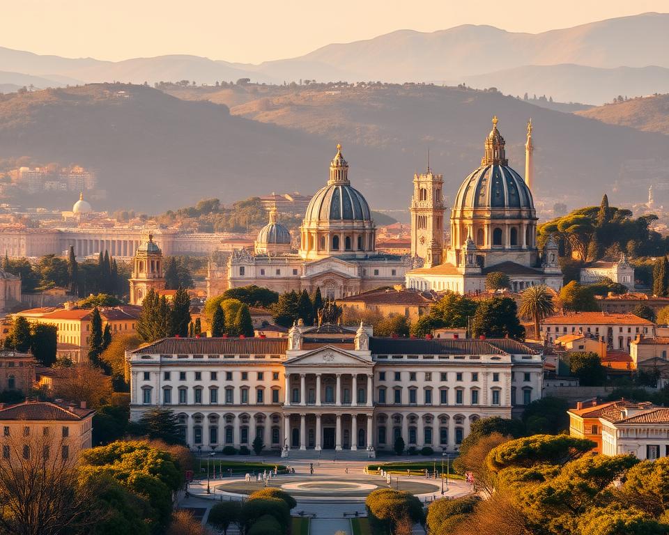 A majestic view of the Quirinal and Esquiline hills in Rome, the highest and largest of the Seven Hills. In the foreground, the grand façade of the Quirinal Palace, official residence of the President of Italy, stands tall and proud. In the middle ground, the iconic domes and bell towers of the Basilica of Saint Mary Major and the Basilica of Saint John Lateran rise into the sky. The distant background is framed by rolling hills, creating a picturesque and serene atmosphere. Warm, golden lighting bathes the scene, capturing the timeless elegance of this historic Roman landscape. Język włoski dla Polaków.