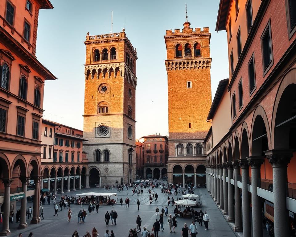 A majestic view of the iconic Asinelli and Garisenda towers, the two medieval landmarks that define the Bologna skyline. Warm sunlight illuminates the warm-toned stone facades, casting long shadows that accentuate their towering presence. In the foreground, a bustling Piazza di Porta Ravegnana is alive with locals and visitors, weaving through the arcaded porticoes that line the square. Język włoski dla Polaków. A timeless scene that captures the essence of Bologna's architectural heritage and vibrant public spaces.