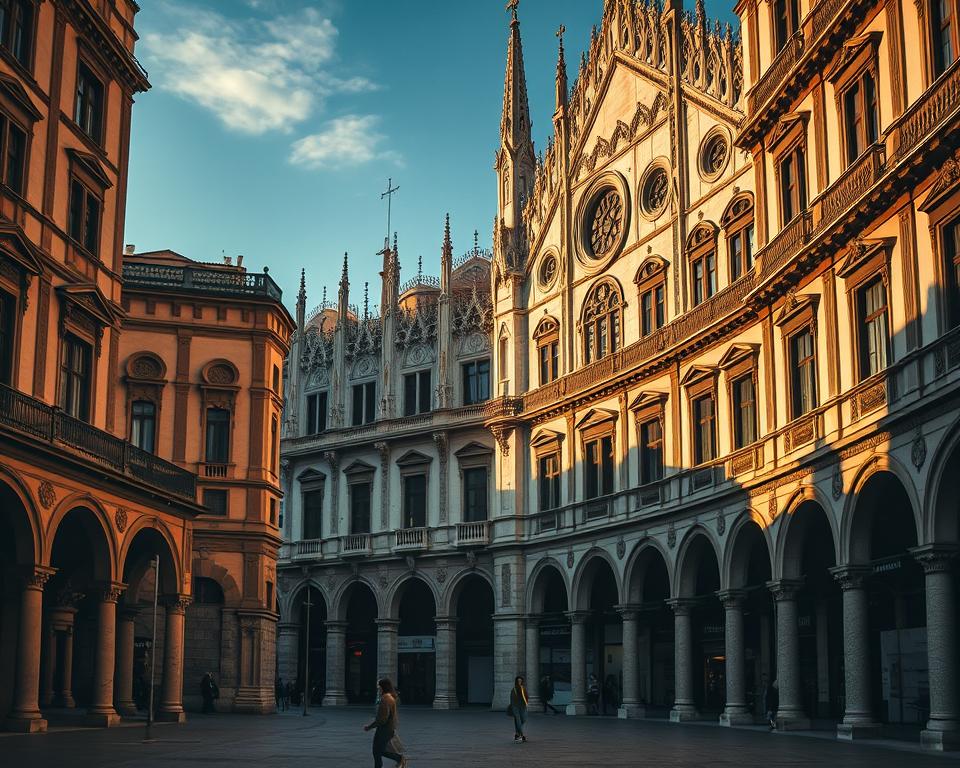 A medieval square in the heart of Milan, Piazza Mercanti is a captivating glimpse into the city's storied past. Captured in rich, cinematic detail, this image showcases the square's elegant porticoes, intricate stone facades, and wrought-iron accents bathed in warm, golden light. The towering Gothic architecture casts dramatic shadows, infusing the scene with a sense of timeless grandeur. In the foreground, a few pedestrians stroll leisurely, adding a touch of life to this tranquil, historic setting. Języki włoski dla Polaków.