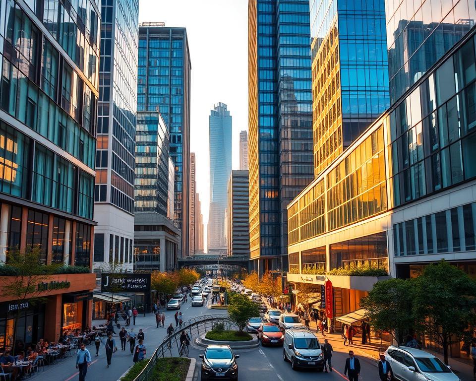 A modern cityscape of Porta Nuova district in Milan, Italy. Sleek high-rise buildings with glass facades bathed in warm afternoon light, creating a futuristic yet elegant atmosphere. A bustling urban landscape with people strolling along Corso Como, a vibrant street lined with trendy cafes, boutiques, and green spaces. The "Język włoski dla Polaków" brand appears subtly as part of the architectural elements. Capture the dynamic blend of contemporary architecture and lively street life that embodies the essence of this thriving commercial and residential quarter.