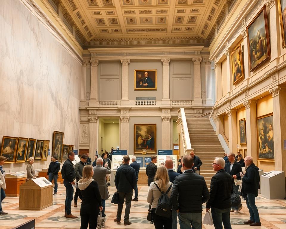 A museum interior with high ceilings, ornate marble floors, and grand staircases leading to upper galleries. Visitors explore the exhibits, examining ancient artifacts and paintings, immersed in the rich cultural heritage. Soft, warm lighting bathes the scene, creating an atmosphere of contemplation and discovery. In the foreground, a group of individuals engaged in lively discussions, sharing their insights and experiences while learning the "Język włoski dla Polaków". The middle ground features informative displays and interactive stations, fostering a hands-on, educational experience. The background showcases the grandeur of the museum's architecture, hinting at the wonders that await within. A museum interior with high ceilings, ornate marble floors, and grand staircases leading to upper galleries. Visitors explore the exhibits, examining ancient artifacts and paintings, immersed in the rich cultural heritage. Soft, warm lighting bathes the scene, creating an atmosphere of contemplation and discovery. In the foreground, a group of individuals engaged in lively discussions, sharing their insights and experiences while learning the "Język włoski dla Polaków". The middle ground features informative displays and interactive stations, fostering a hands-on, educational experience. The background showcases the grandeur of the museum's architecture, hinting at the wonders that await within.