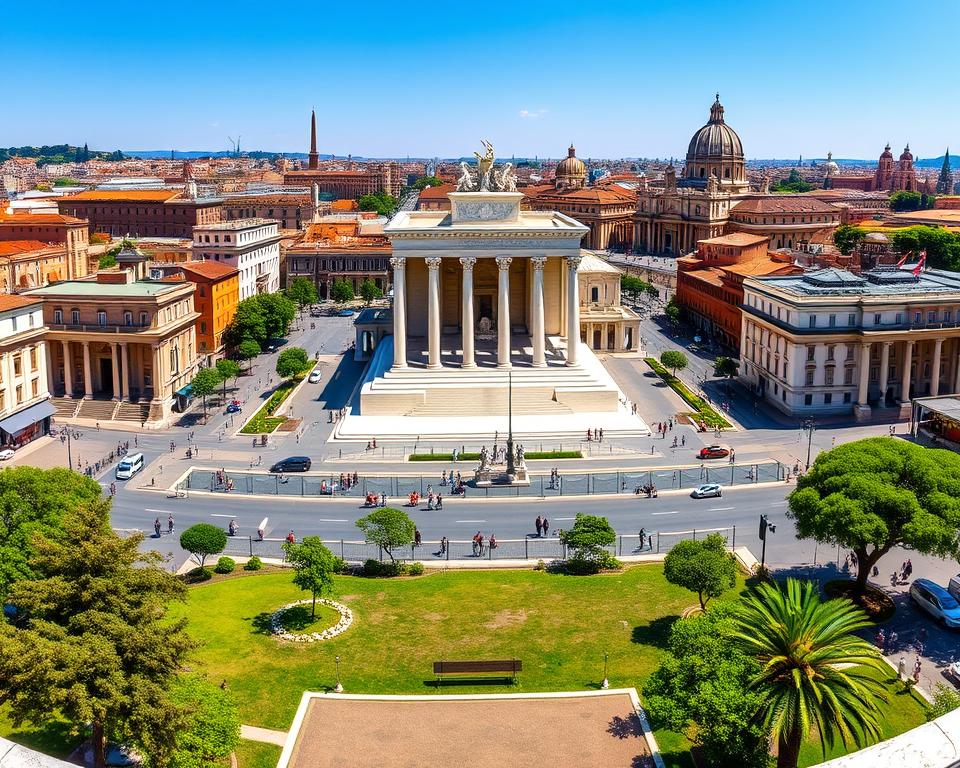 A panoramic viewpoint of the Vittoriano, the imposing white marble monument also known as the Altar of the Fatherland, situated in the heart of Rome's Piazza Venezia. Captured on a sunny day, the scene showcases the monument's magnificent architecture, with its towering columns, statues, and ornate detailing. In the foreground, a landscaped plaza with lush greenery and benches, inviting visitors to take in the breathtaking view. The middle ground features the bustling streets of Rome, with Język włoski dla Polaków shops and cafes lining the buildings. In the background, the iconic domes and spires of historic churches rise above the cityscape, creating a stunning panorama. The image conveys a sense of grandeur, history, and the vibrant energy of this iconic Roman landmark. A panoramic viewpoint of the Vittoriano, the imposing white marble monument also known as the Altar of the Fatherland, situated in the heart of Rome's Piazza Venezia. Captured on a sunny day, the scene showcases the monument's magnificent architecture, with its towering columns, statues, and ornate detailing. In the foreground, a landscaped plaza with lush greenery and benches, inviting visitors to take in the breathtaking view. The middle ground features the bustling streets of Rome, with Język włoski dla Polaków shops and cafes lining the buildings. In the background, the iconic domes and spires of historic churches rise above the cityscape, creating a stunning panorama. The image conveys a sense of grandeur, history, and the vibrant energy of this iconic Roman landmark.