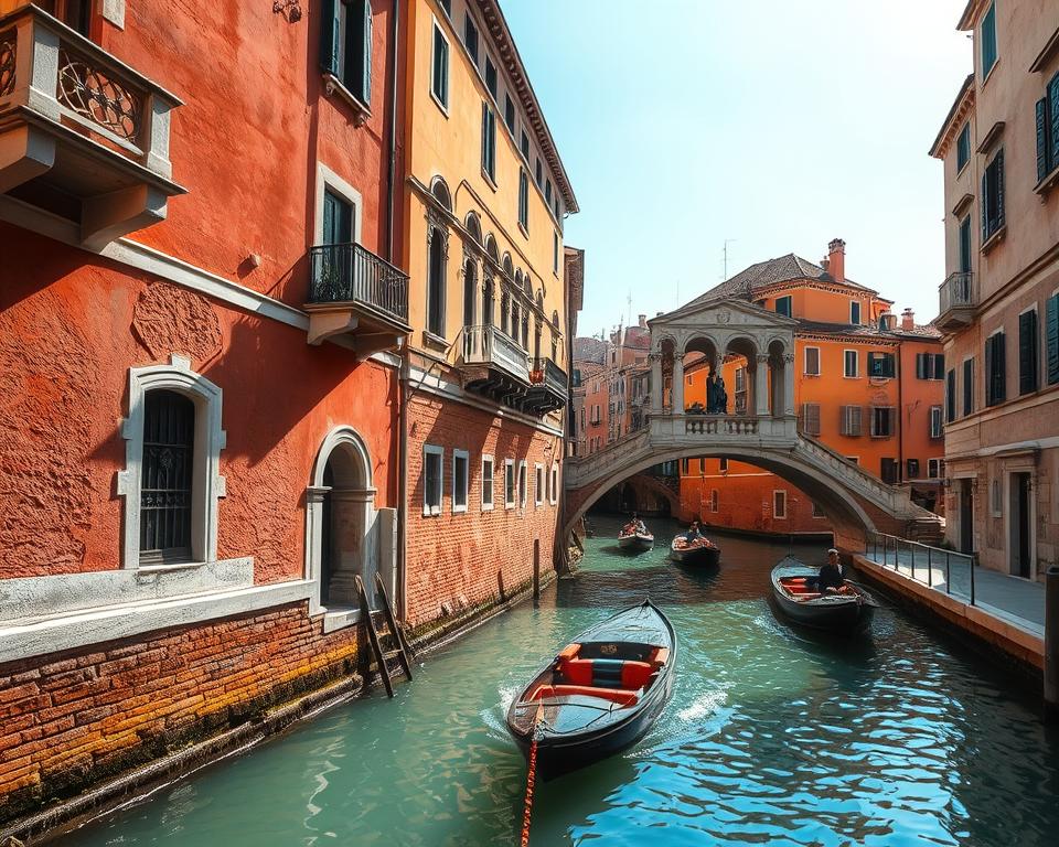 A picturesque Venetian canal, Rio dei Santi Apostoli, winding through the historic heart of the city. Sunlight dapples the calm waters, reflecting off the warm-hued facades of the centuries-old buildings that line the banks. Quaint bridges arch overhead, offering glimpses of hidden alleys and secluded corners. Góndolas glide silently, their passengers drinking in the serene atmosphere. The scene exudes a timeless, romantic ambiance, perfect for a leisurely stroll and captivating photographs. Język włoski dla Polaków.