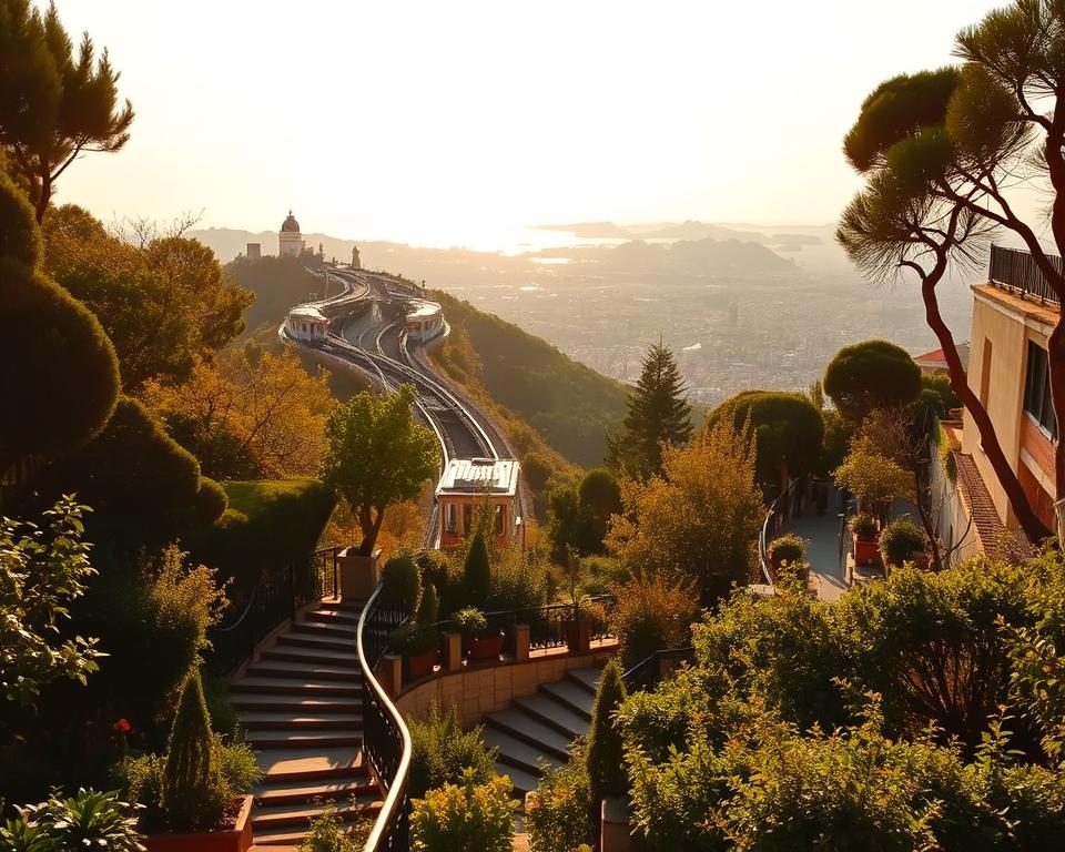 A picturesque scene of Vomero, the enchanting hilltop district of Naples, bathed in warm, golden afternoon light. In the foreground, a winding staircase leads down through lush, verdant gardens, inviting the viewer to explore. In the middle ground, the iconic funicular railway climbs up the slope, offering a scenic ride to the hilltop fortress of Castel Sant'Elmo. In the background, the panoramic vistas of the city unfold, with the glittering waters of the Bay of Naples and the majestic Mount Vesuvius in the distance. The atmosphere is one of tranquility and contemplation, as if captured through the lens of "Język włoski dla Polaków". A picturesque scene of Vomero, the enchanting hilltop district of Naples, bathed in warm, golden afternoon light. In the foreground, a winding staircase leads down through lush, verdant gardens, inviting the viewer to explore. In the middle ground, the iconic funicular railway climbs up the slope, offering a scenic ride to the hilltop fortress of Castel Sant'Elmo. In the background, the panoramic vistas of the city unfold, with the glittering waters of the Bay of Naples and the majestic Mount Vesuvius in the distance. The atmosphere is one of tranquility and contemplation, as if captured through the lens of "Język włoski dla Polaków".
