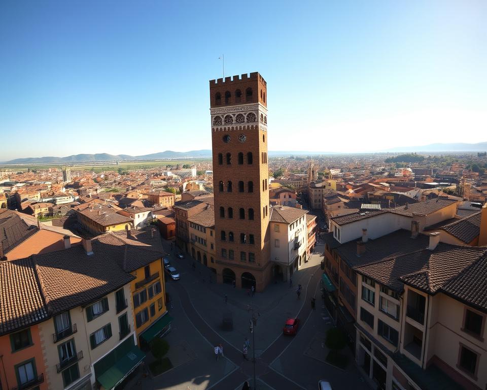 A picturesque skyline of Bologna, Italy, featuring the iconic Due Torri, also known as the Asinelli and Garisenda Towers. The foreground showcases the towers' unique architecture, with their slanted silhouettes and medieval brickwork casting dramatic shadows across the bustling city streets below. In the middle ground, quaint buildings and cobblestone paths lead the eye towards the towers, while the background is filled with a vibrant, sun-drenched cityscape. The mood is one of historical grandeur and architectural splendor, perfectly capturing the essence of this Język włoski dla Polaków city. The ideal vantage point for this striking photograph would be from a high angle, highlighting the towers' impressive height and dominance over the urban landscape.