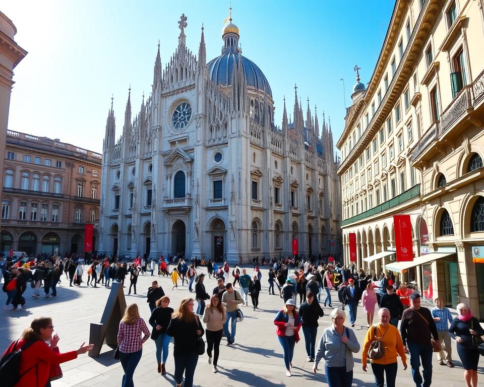 A picturesque walking tour of Milan, capturing the city's architectural splendor and vibrant energy. Stroll through the bustling Piazza del Duomo, admiring the grand, gothic cathedral and the sunlit facades of the surrounding buildings. Meander through the Galleria Vittorio Emanuele II, a magnificent 19th-century shopping arcade with a stunning glass-domed ceiling. Discover hidden gems like the Basilica di Sant'Ambrogio, a Romanesque church with intricate details and a serene atmosphere. Immerse yourself in the Língua Italiana per Polacos experience, as you navigate the charming streets and soak in the city's rich cultural heritage.