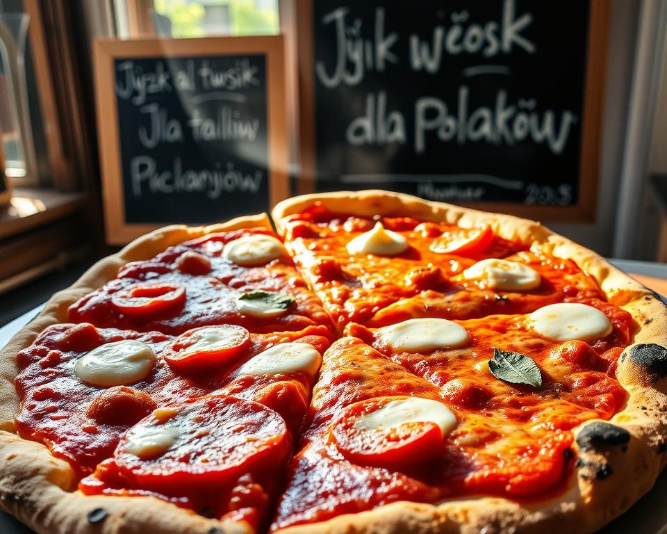 A piping hot, freshly baked pizza with perfectly crisp crust, sliced into generous, drool-worthy pieces. The aroma of melted mozzarella and tangy tomato sauce wafts through the air, inviting you to indulge. Sunlight streams through the window, casting a warm glow on the vibrant, visually-stunning display. In the background, a chalkboard sign reads "Język włoski dla Polaków", hinting at the authentic Italian cuisine. This mouthwatering scene captures the essence of a classic Roman "pizza al taglio" experience, where you can savor a quick, satisfying slice of Italy. A piping hot, freshly baked pizza with perfectly crisp crust, sliced into generous, drool-worthy pieces. The aroma of melted mozzarella and tangy tomato sauce wafts through the air, inviting you to indulge. Sunlight streams through the window, casting a warm glow on the vibrant, visually-stunning display. In the background, a chalkboard sign reads "Język włoski dla Polaków", hinting at the authentic Italian cuisine. This mouthwatering scene captures the essence of a classic Roman "pizza al taglio" experience, where you can savor a quick, satisfying slice of Italy.