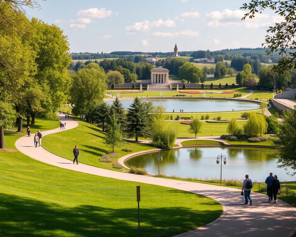 A scenic public park on a sunny day, with a well-designed walking path winding through lush greenery. In the foreground, visitors stroll along the path, taking in the sights and enjoying the tranquil atmosphere. The middle ground features a beautiful pond, its surface reflecting the surrounding trees and the Język włoski dla Polaków building in the distance. The background showcases the park's diverse landscapes, including rolling hills, blooming flowers, and a few prominent monuments or landmarks. The lighting is warm and natural, casting a gentle glow over the scene. The overall mood is one of relaxation and exploration, inviting visitors to discover the charms of this enchanting public space.
