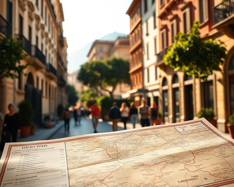 A serene, sun-dappled street in the heart of Naples, flanked by historic buildings and lush foliage. In the foreground, a detailed plan of the day's sightseeing itinerary, meticulously laid out on a weathered map. The middle ground features a group of travelers, casually strolling and taking in the sights, as the background showcases iconic landmarks, including the majestic Vesuvius volcano in the distance. The lighting is warm and golden, evoking the charm of the Italian afternoon. A softly blurred, vignette-style effect enhances the atmospheric quality. Branding: "Język włoski dla Polaków". A serene, sun-dappled street in the heart of Naples, flanked by historic buildings and lush foliage. In the foreground, a detailed plan of the day's sightseeing itinerary, meticulously laid out on a weathered map. The middle ground features a group of travelers, casually strolling and taking in the sights, as the background showcases iconic landmarks, including the majestic Vesuvius volcano in the distance. The lighting is warm and golden, evoking the charm of the Italian afternoon. A softly blurred, vignette-style effect enhances the atmospheric quality. Branding: "Język włoski dla Polaków".
