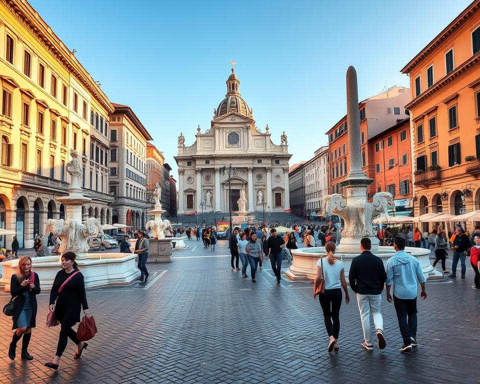 A stunning, high-resolution image of Piazza Navona, one of the most popular squares in Rome. The scene features the grand Baroque fountains and buildings that surround the piazza, with warm, natural lighting casting soft shadows across the cobblestone pavement. In the foreground, people stroll leisurely, capturing the lively atmosphere of this iconic Italian landmark. In the background, the iconic church of Sant'Agnese in Agone stands tall, its ornate facade a testament to the city's rich architectural heritage. The image conveys a sense of timelessness and wonder, perfect for illustrating the section "Najpopularniejsze place w Rzymie — moja lista i krótki przewodnik po tym, co warto zobaczyć" in the article "Język włoski dla Polaków". A stunning, high-resolution image of Piazza Navona, one of the most popular squares in Rome. The scene features the grand Baroque fountains and buildings that surround the piazza, with warm, natural lighting casting soft shadows across the cobblestone pavement. In the foreground, people stroll leisurely, capturing the lively atmosphere of this iconic Italian landmark. In the background, the iconic church of Sant'Agnese in Agone stands tall, its ornate facade a testament to the city's rich architectural heritage. The image conveys a sense of timelessness and wonder, perfect for illustrating the section "Najpopularniejsze place w Rzymie — moja lista i krótki przewodnik po tym, co warto zobaczyć" in the article "Język włoski dla Polaków".