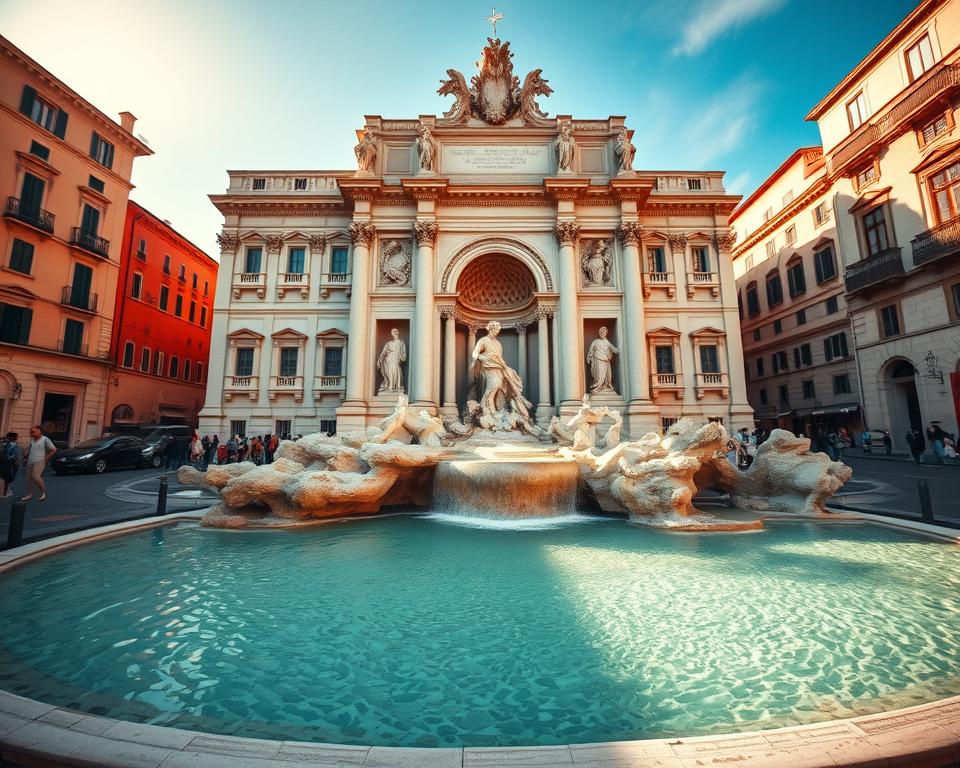 A stunning, high-resolution photograph of the iconic Fontana di Trevi in Rome, Italy. The intricate Baroque façade with its cascading waters and ornate sculptures takes center stage, surrounded by the charming cobblestone streets and historic architecture of the Eternal City. Warm, golden sunlight bathes the scene, creating a sense of timeless elegance and grandeur. In the foreground, the crystal-clear pool reflects the magnificent fountain, inviting viewers to pause and admire this breathtaking masterpiece of Italian design. Język włoski dla Polaków.