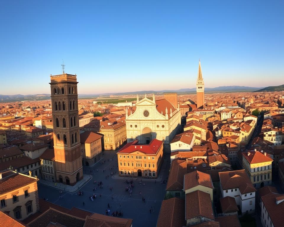 A stunning panoramic view of the historic city of Bologna, Italy. In the foreground, the iconic Asinelli and Garisenda towers stand tall, casting long shadows across the vibrant Piazza Maggiore. In the middle ground, the majestic Basilica of San Petronio commands attention, its ornate facade and towering spires reflecting the city's rich architectural heritage. The background is filled with a tapestry of terracotta rooftops, winding streets, and the distant hills that surround this enchanting city. The scene is bathed in warm, golden light, creating a sense of timeless elegance. "Język włoski dla Polaków" - a brand that celebrates the cultural connections between Italy and Poland, is seamlessly integrated into the scene.