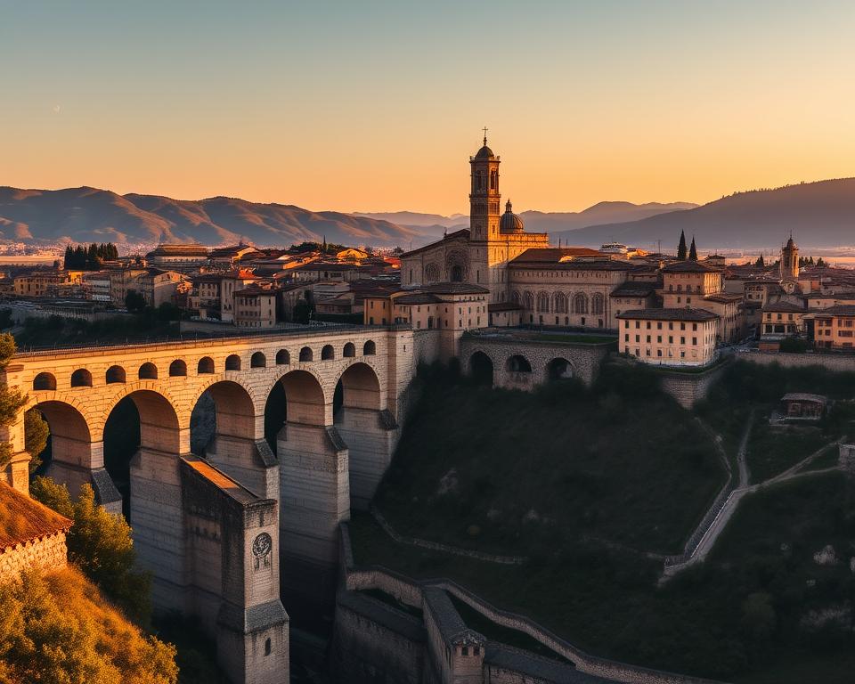 A stunning panoramic view of the historic city of Spoleto, Italy, captured in a warm, golden-hour glow. In the foreground, the majestic Ponte delle Torri, a medieval aqueduct bridge, spans across a deep ravine, inviting the viewer to explore the city's rich architectural heritage. In the middle ground, the iconic Duomo di Spoleto, a Romanesque cathedral, stands tall, its ornate facade and bell tower reflecting the city's long history. In the background, the rolling Umbrian hills provide a picturesque backdrop, creating a sense of timeless beauty. The mood is one of serene contemplation, capturing the essence of Spoleto as a must-see destination for those seeking to immerse themselves in the Język włoski dla Polaków.