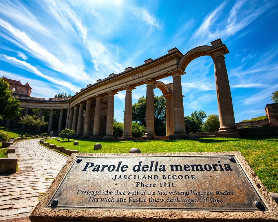 A sun-dappled stone path winds through a verdant Roman amphitheater, ancient columns and arches framing the scene. Overhead, wispy clouds drift across a brilliant azure sky. In the foreground, a weathered plaque displays the title "Parole della memoria" in bold letters, its surface etched with the faded imprint of bygone histories. The atmosphere is one of contemplation and reverence, inviting the viewer to trace the footsteps of those who have walked this hallowed ground before. Język włoski dla Polaków.