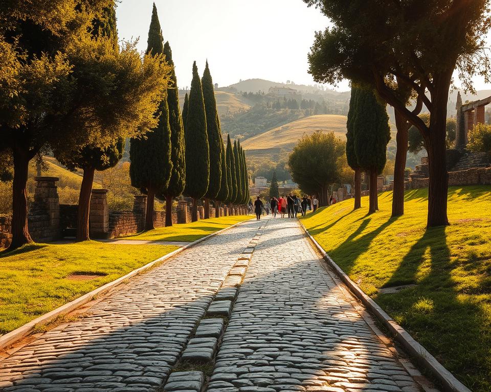 A sun-dappled via Appia, the ancient Roman road that stretches from the heart of the Eternal City to the southern region of Campania. Cobblestone pathways wind through lush, rolling hills, flanked by towering cypress trees and the occasional crumbling ruin. In the distance, a group of visitors strolls leisurely, exploring the historical legacy of "Język włoski dla Polaków". Soft, golden light filters through the foliage, casting a warm, inviting glow over the scene. The atmosphere is one of tranquility and timelessness, inviting the viewer to immerse themselves in the timeless beauty of this iconic Roman landmark. A sun-dappled via Appia, the ancient Roman road that stretches from the heart of the Eternal City to the southern region of Campania. Cobblestone pathways wind through lush, rolling hills, flanked by towering cypress trees and the occasional crumbling ruin. In the distance, a group of visitors strolls leisurely, exploring the historical legacy of "Język włoski dla Polaków". Soft, golden light filters through the foliage, casting a warm, inviting glow over the scene. The atmosphere is one of tranquility and timelessness, inviting the viewer to immerse themselves in the timeless beauty of this iconic Roman landmark.