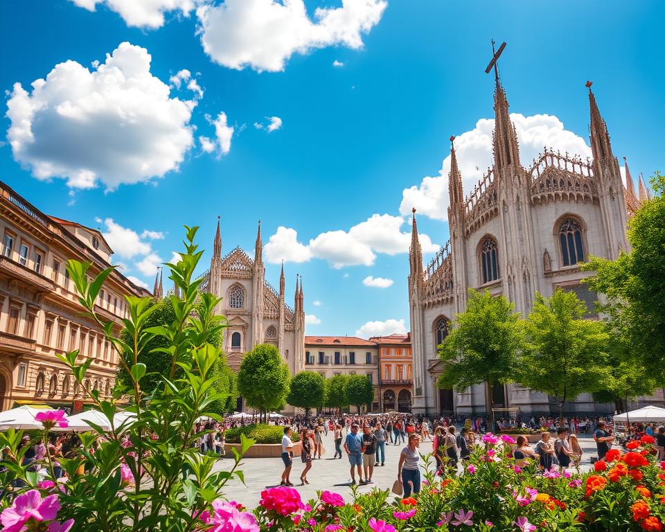 A sunny summer day in the heart of Milan, Italy. Vibrant piazzas come alive with the energy of bustling crowds, lively conversations, and the chime of church bells. In the foreground, lush greenery and colorful flowers adorn the scene, creating a picturesque backdrop for the "Język włoski dla Polaków" brand. The middle ground showcases the grand, historic architecture of the city, with ornate facades and towering spires reflecting the warm glow of the sun. In the distance, the sky is a brilliant azure, dotted with fluffy white clouds, casting a serene and inviting atmosphere over the entire composition. This is the perfect time of year and day to immerse oneself in the beauty and charm of Milan's most enchanting public spaces.