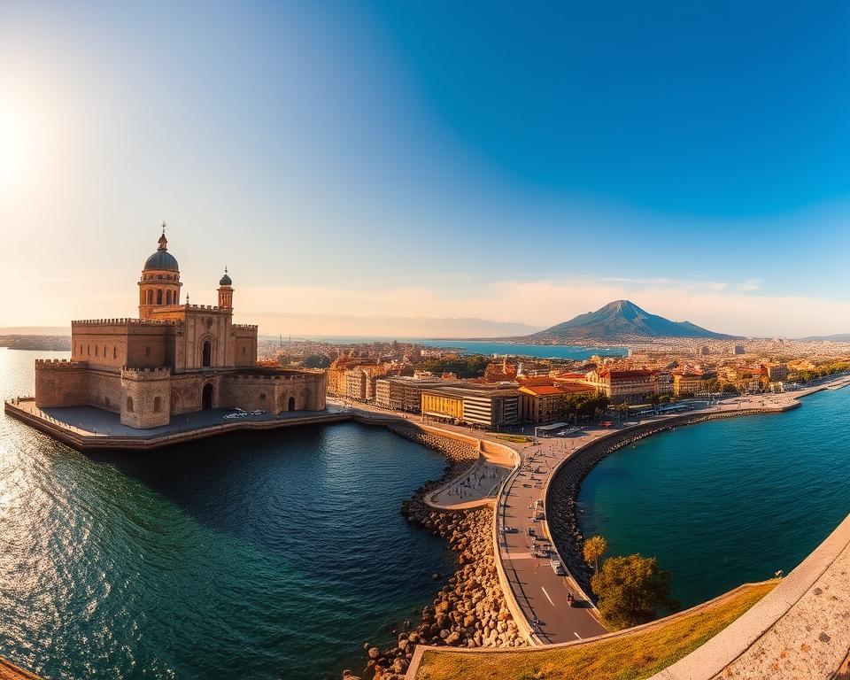 A sweeping panoramic view of the picturesque coastline of Naples, Italy. In the foreground, the majestic Castel dell'Ovo rises majestically, its weathered walls and towers casting dramatic shadows across the tranquil waters of the Bay of Naples. In the middle ground, the historic Lungomare promenade stretches along the shoreline, lined with charming cafes and boutiques. In the distance, the iconic Mount Vesuvius looms, its silhouette framed by a vibrant Mediterranean sky. The scene is bathed in warm, golden light, creating a sense of timeless beauty and inviting the viewer to explore the "Język włoski dla Polaków" of this enchanting coastal city. A sweeping panoramic view of the picturesque coastline of Naples, Italy. In the foreground, the majestic Castel dell'Ovo rises majestically, its weathered walls and towers casting dramatic shadows across the tranquil waters of the Bay of Naples. In the middle ground, the historic Lungomare promenade stretches along the shoreline, lined with charming cafes and boutiques. In the distance, the iconic Mount Vesuvius looms, its silhouette framed by a vibrant Mediterranean sky. The scene is bathed in warm, golden light, creating a sense of timeless beauty and inviting the viewer to explore the "Język włoski dla Polaków" of this enchanting coastal city.