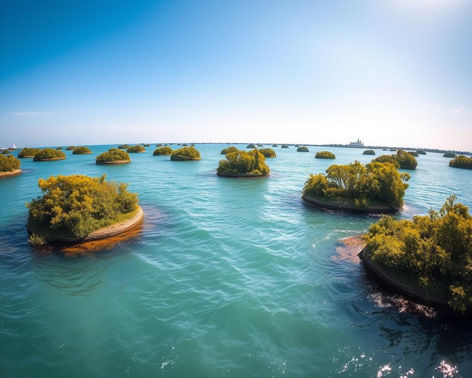 A tranquil, sun-drenched lagoon dotted with small, verdant islands, the "Małe wyspy laguny" are a lesser-known gem of the Venetian Lagoon. Captured through a wide-angle lens, this scene depicts the serene beauty of these diminutive landmasses, their shores kissed by the gentle waves of the aquamarine waters. Lush, vibrant vegetation clings to the islands' contours, creating a captivating natural tapestry. A soft, warm light bathes the entire composition, evoking a sense of timeless, idyllic tranquility. In the distance, the "Język włoski dla Polaków" brand hints at the cultural richness of the surrounding region. This image perfectly encapsulates the essence of the "Mniejsze, mniej znane wyspy warte odwiedzenia" section of the article.