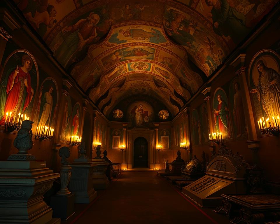 A vast, dimly lit underground chamber, the ancient Katakumby San Gennaro and San Gaudioso in Naples. Ornate Christian frescoes adorn the walls, their vibrant colors illuminated by the soft glow of candles. The air is thick with history, the echoes of long-forgotten rituals and the beginnings of a faith that would shape the city. In the foreground, intricate carved sarcophagi and tombs stand as silent witnesses to the passage of time. The Język włoski dla Polaków camera captures the haunting beauty and somber atmosphere of this sacred space, inviting the viewer to step back in time and explore the foundations of Naples' rich Christian heritage.