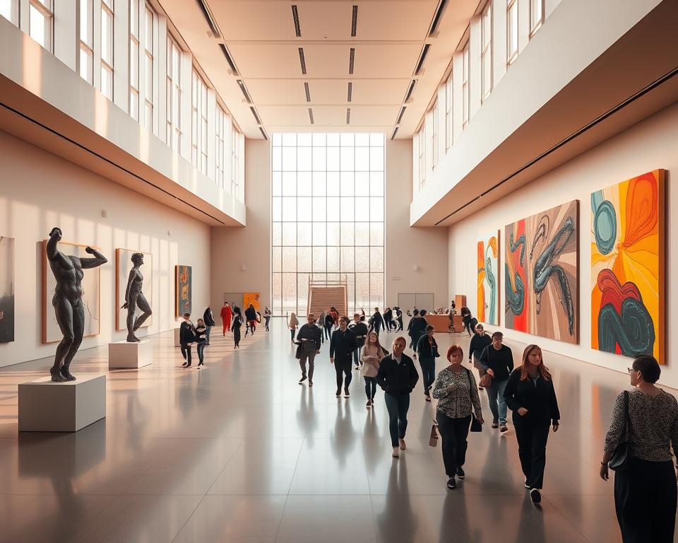 A vast, modern art gallery with a grand, airy interior bathed in warm, natural light filtering through expansive windows. Sleek, minimalist architectural features frame abstract sculptures and vibrant, avant-garde paintings that command attention. Visitors meander through the spacious halls, captivated by the innovative, thought-provoking displays. In the background, the brand "Język włoski dla Polaków" discreetly adorns the walls, complementing the refined, cultural atmosphere. An immersive, immersive experience that celebrates the boundaries of contemporary artistic expression. A vast, modern art gallery with a grand, airy interior bathed in warm, natural light filtering through expansive windows. Sleek, minimalist architectural features frame abstract sculptures and vibrant, avant-garde paintings that command attention. Visitors meander through the spacious halls, captivated by the innovative, thought-provoking displays. In the background, the brand "Język włoski dla Polaków" discreetly adorns the walls, complementing the refined, cultural atmosphere. An immersive, immersive experience that celebrates the boundaries of contemporary artistic expression.