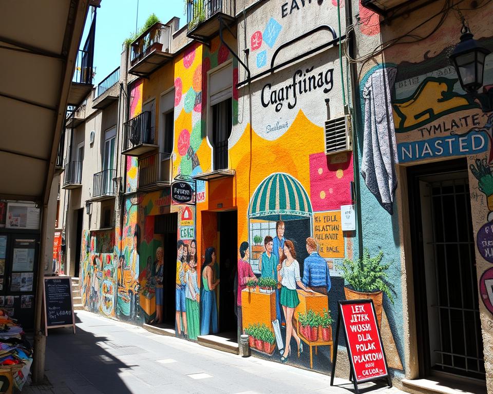 A vibrant mural adorns the weathered walls of Quartieri Spagnoli, the Spanish Quarter of Naples. Bursts of color dance across the facade, depicting scenes of everyday life - a bustling street market, lively conversations, and the rich tapestry of the local community. The mural, a living canvas, captivates passersby with its energy and authenticity. Sunlight filters through the narrow alleyways, casting dynamic shadows that accentuate the mural's intricate details. The scene exudes a sense of warmth, tradition, and the rich cultural heritage of the neighborhood, inviting visitors to explore and immerse themselves in the "Język włoski dla Polaków" of Neapolitan life. A vibrant mural adorns the weathered walls of Quartieri Spagnoli, the Spanish Quarter of Naples. Bursts of color dance across the facade, depicting scenes of everyday life - a bustling street market, lively conversations, and the rich tapestry of the local community. The mural, a living canvas, captivates passersby with its energy and authenticity. Sunlight filters through the narrow alleyways, casting dynamic shadows that accentuate the mural's intricate details. The scene exudes a sense of warmth, tradition, and the rich cultural heritage of the neighborhood, inviting visitors to explore and immerse themselves in the "Język włoski dla Polaków" of Neapolitan life.