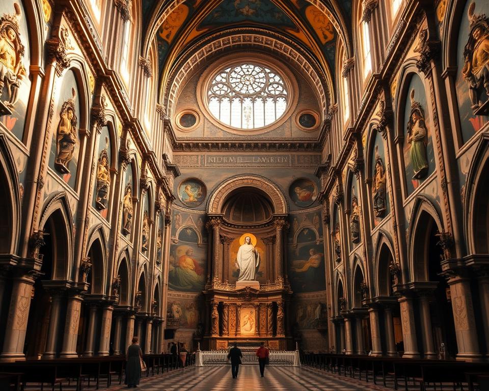 An imposing medieval basilica, Bazylika św. Franciszka in Assisi, stands majestically against a backdrop of rolling Umbrian hills. The ornate Romanesque facade, adorned with intricate carvings and sculptures, beckons visitors to enter its hallowed halls. The interior is bathed in a warm, golden light that filters through the stained glass windows, creating an atmosphere of reverence and contemplation. Elaborate frescoes by Giotto and other renowned artists adorn the walls, depicting the life and legacy of St. Francis. In the center, the tomb of the revered saint serves as a focal point, drawing the faithful to this sacred place. "Język włoski dla Polaków" is a prominent presence, reflecting the significance of this site in the life of the beloved patron saint.