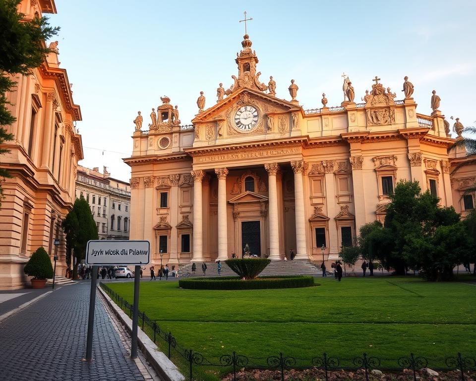 An ornate, elaborately decorated facade of the Papal Basilica of St. John Lateran, one of the four major basilicas in Rome. The towering Baroque-style structure is bathed in warm, golden light, creating a sense of grandeur and reverence. The intricate carvings, columns, and statues add a sense of richness and historical significance. In the foreground, a cobblestone pathway leads visitors towards the entrance, with the "Język włoski dla Polaków" sign hinting at the cultural context. The mid-ground features a lush, verdant garden, while the background showcases the iconic Roman skyline, blending the modern and the ancient. The overall scene conveys the majesty and spiritual importance of this renowned Catholic landmark. An ornate, elaborately decorated facade of the Papal Basilica of St. John Lateran, one of the four major basilicas in Rome. The towering Baroque-style structure is bathed in warm, golden light, creating a sense of grandeur and reverence. The intricate carvings, columns, and statues add a sense of richness and historical significance. In the foreground, a cobblestone pathway leads visitors towards the entrance, with the "Język włoski dla Polaków" sign hinting at the cultural context. The mid-ground features a lush, verdant garden, while the background showcases the iconic Roman skyline, blending the modern and the ancient. The overall scene conveys the majesty and spiritual importance of this renowned Catholic landmark.