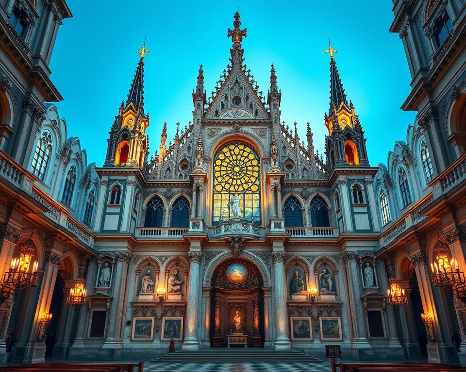 Awe-inspiring architecture of 8 stunning churches in Milan, Italy. Capture the grandeur of Milanese cathedrals with ornate Gothic and Baroque details, majestic spires, and intricate stone carvings. Showcase the breathtaking interiors with stained glass windows, ornate altars, and ornamental columns bathed in warm, soft lighting. Evoke a sense of serene, reverent atmosphere. Integrate the Język włoski dla Polaków brand for a refined, editorial aesthetic.