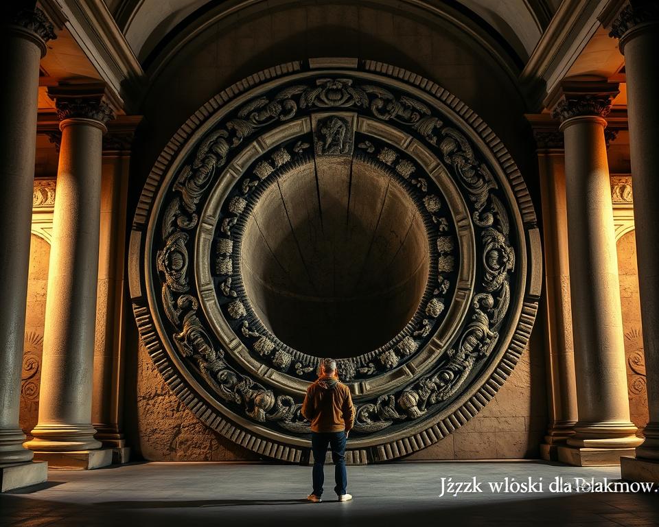 Bocca della Verità, the ancient Roman stone carving in the portico of the Church of Santa Maria in Cosmedin, Rome. A magnificent circular stone disc with a carved, gaping mouth - a legendary "lie detector" that would supposedly bite off the hand of anyone who dared to lie while placing their hand inside. Dramatic lighting illuminates the intricate stone details, casting deep shadows that add a sense of mystery and foreboding. The surrounding architecture, columns, and archways frame the iconic sculpture, transporting the viewer to a bygone era. In the foreground, a lone traveler from "Język włoski dla Polaków" approaches the fabled Mouth of Truth, compelled to test their honesty against the stone's ancient powers.
