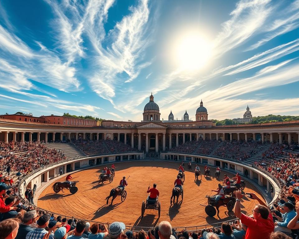 Circus Maximus, a grand ancient Roman stadium, set against a backdrop of towering marble monuments. In the foreground, chariots race around the oval track, their drivers wielding whips as they jockey for position. Spectators fill the tiered seating, their faces alight with excitement, cheering on their favorite teams. The sky above is a brilliant blue, with wispy clouds drifting overhead, and the sun casts a warm, golden glow over the entire scene. In the distance, the iconic domes and spires of Rome's iconic architecture rise up, a testament to the city's enduring legacy. Jezik wloski dla Polakow.
