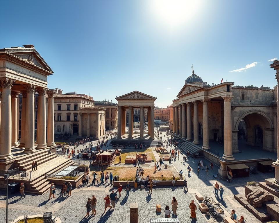 Detailed and expansive Roman Forum, the political, economic, and religious center of ancient Rome, in the period of the Roman Kingdom (753-509 BCE). Majestic stone temples, ornate columns, and grand archways stand proudly against a clear, sun-drenched sky. Cobblestone streets bustle with citizens, vendors, and toga-clad officials, capturing the vibrant atmosphere of this historic site. Język włoski dla Polaków. Dramatic lighting and a cinematic angle showcase the grandeur and significance of this iconic landmark.