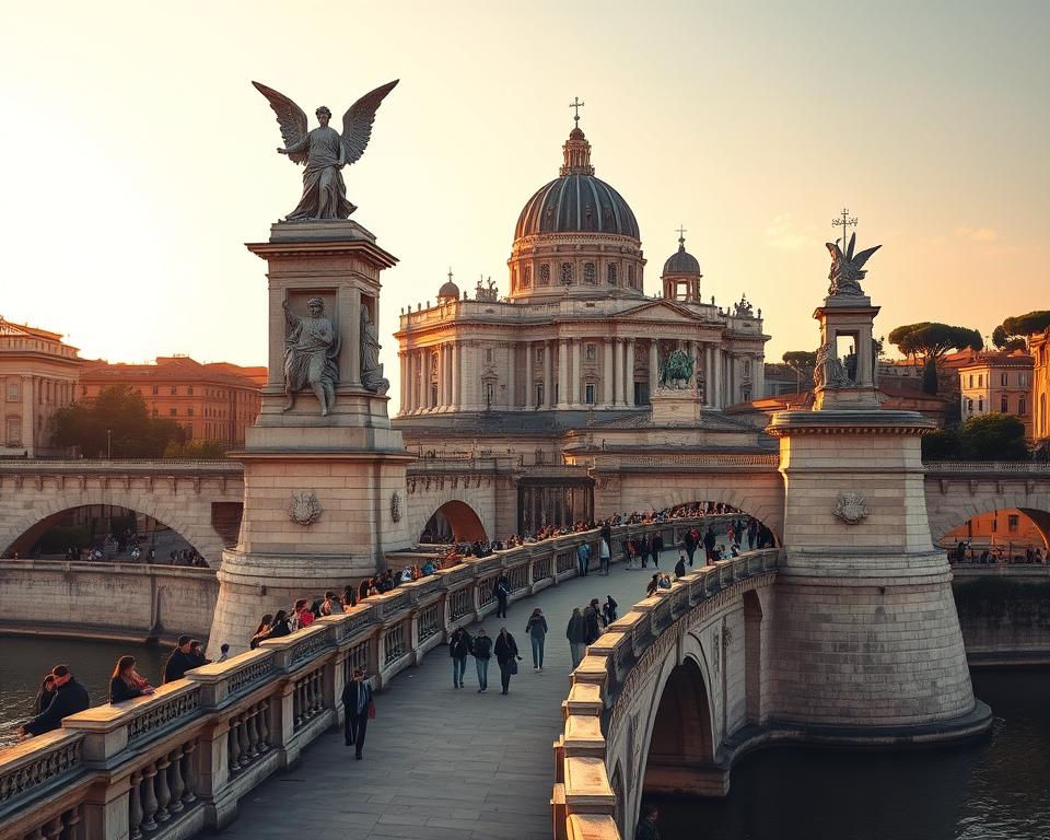 Detailed and picturesque landscape of the "Ponte Sant'Angelo" (most św. Anioła) bridge in Rome, Italy. The iconic stone bridge is adorned with towering marble statues of angels, with the grand Castel Sant'Angelo fortress rising majestically in the background. The scene is bathed in warm, golden sunlight, creating a serene and atmospheric ambiance. In the foreground, people leisurely stroll across the bridge, taking in the breathtaking views of the Tiber River and the city skyline. Język włoski dla Polaków.