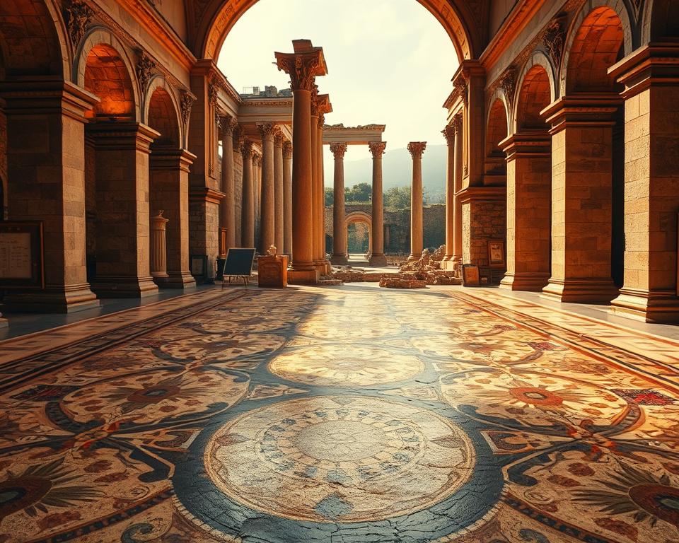 Detailed mosaic flooring depicting the splendor of the Caracalla Baths, a grand Roman complex. Warm, natural lighting filters through arched windows, casting a soft glow over the intricate geometric patterns and floral motifs. The middle ground showcases the impressive architectural ruins, with towering columns and crumbling walls hinting at the site's former grandeur. In the background, a serene, atmospheric landscape sets the scene, evoking a sense of timeless wonder. Język włoski dla Polaków.